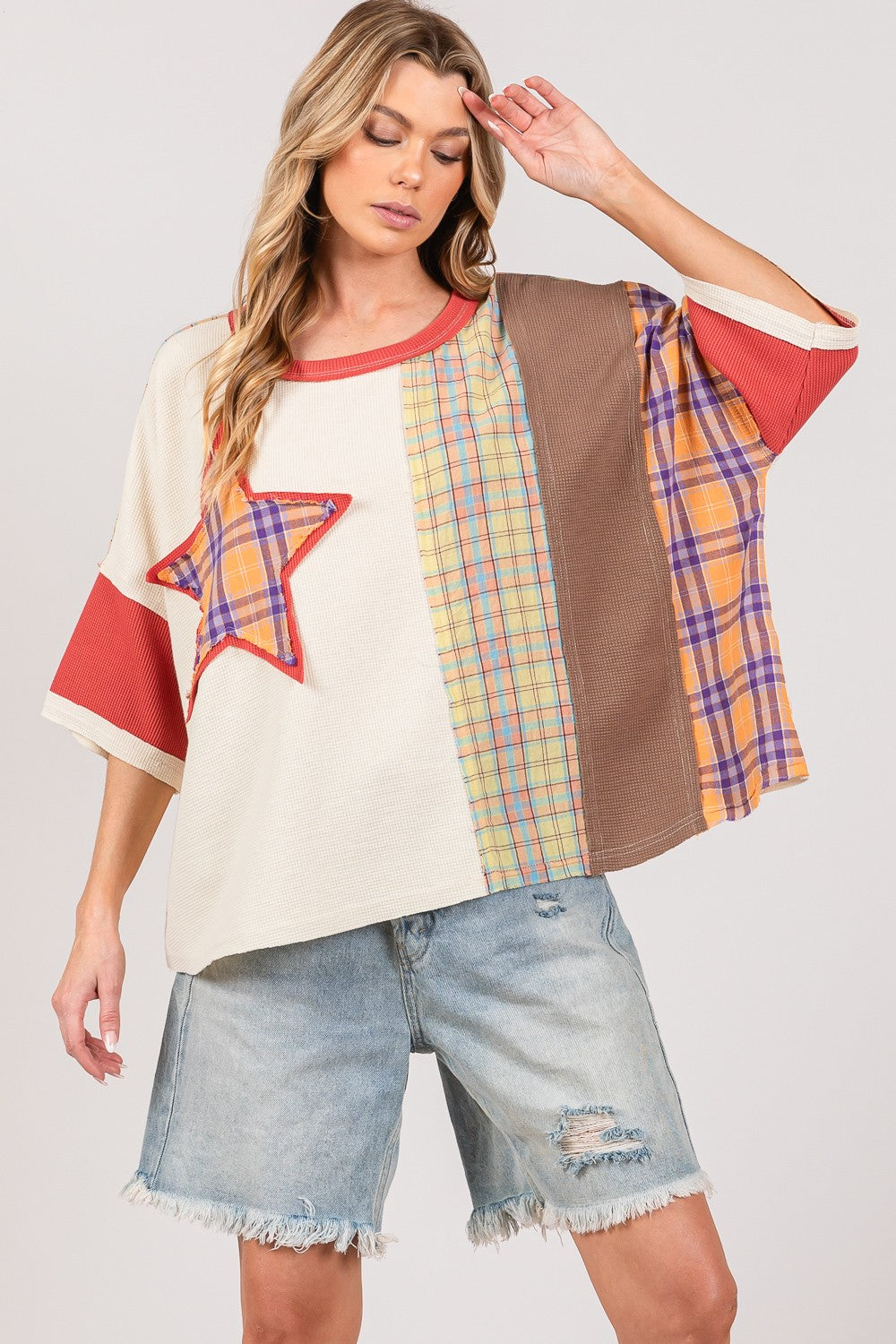 SAGE + FIG Round Neck Plaid Star Patch T-Shirt T-Shirt Trendsi   