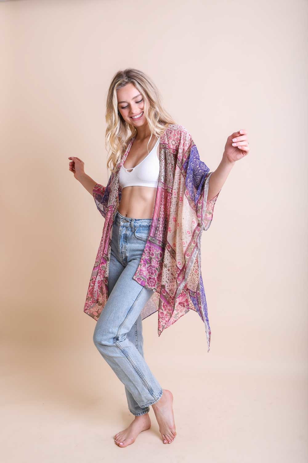 Bohemian Burnout Velvet Kimono Ponchos Leto Collection Silver/Fuchsia  