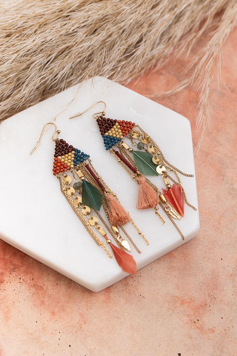 Boho Dreams Beads & Feathers Cascade Earrings - NeoKira Unlimited
