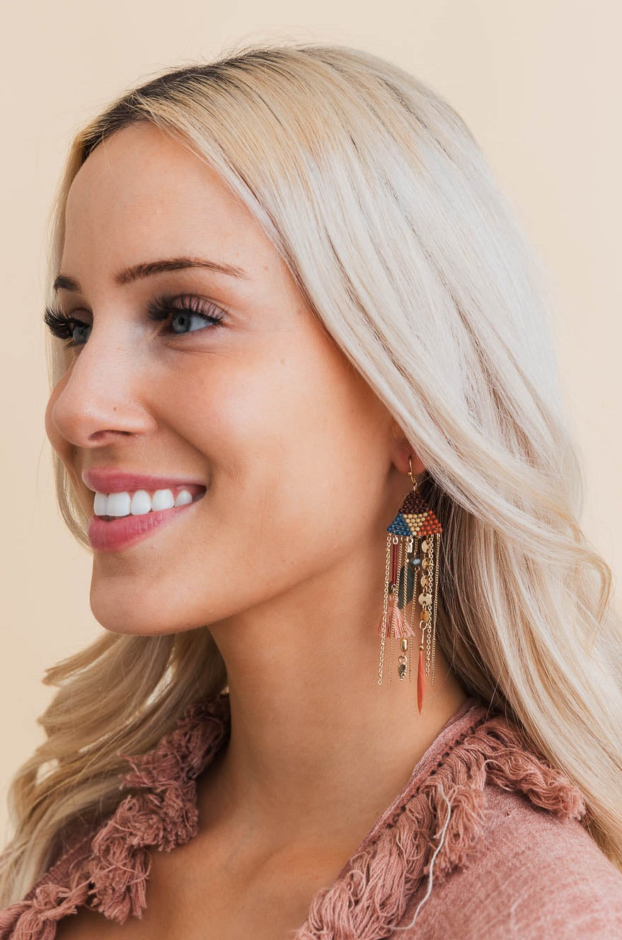 Boho Dreams Beads & Feathers Cascade Earrings Jewelry