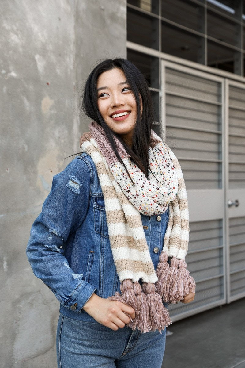 Boho Speckle Stripe Tassel Scarf Scarves Leto Collection Pink  