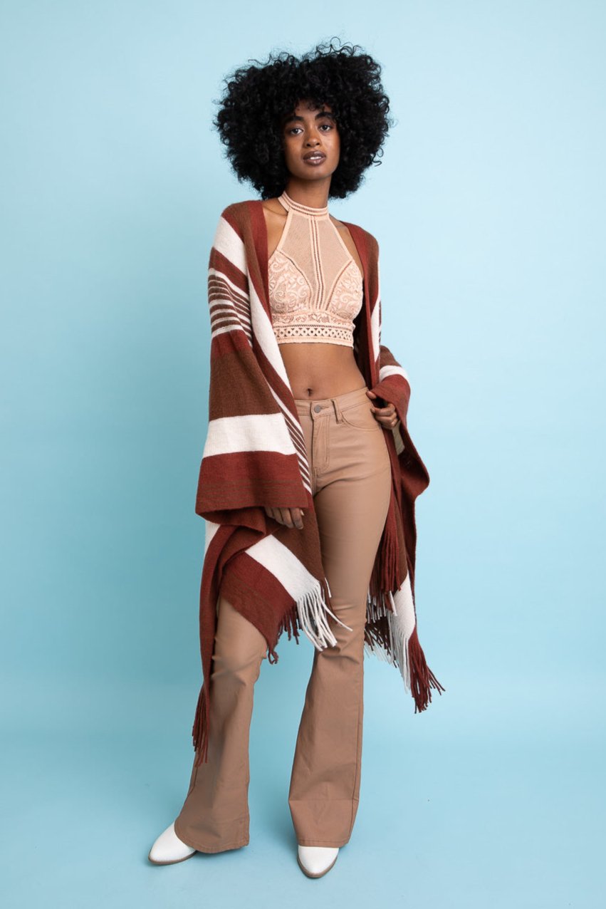 Boho Striped Frayed Edge Ruana Ponchos Leto Collection   