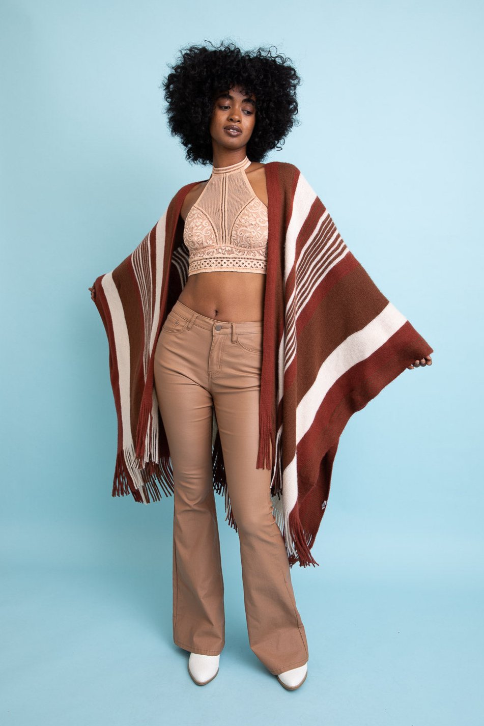 Boho Striped Frayed Edge Ruana - NeoKira Unlimited