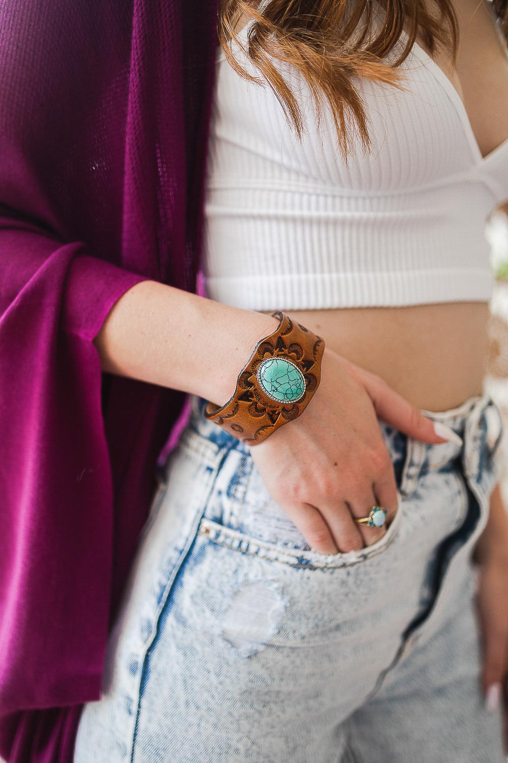 Boho Turquoise Stone Camel Leather Cuff Bracelet - NeoKira Unlimited