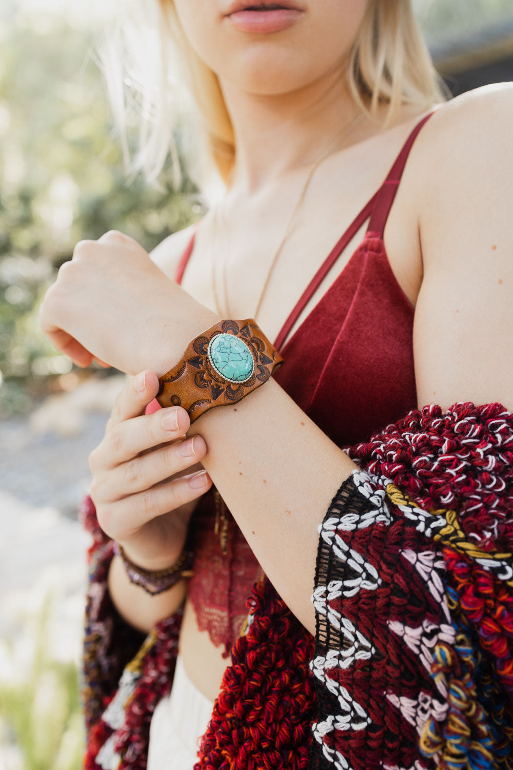 Boho Turquoise Stone Camel Leather Cuff Bracelet Bracelets Leto Collection   