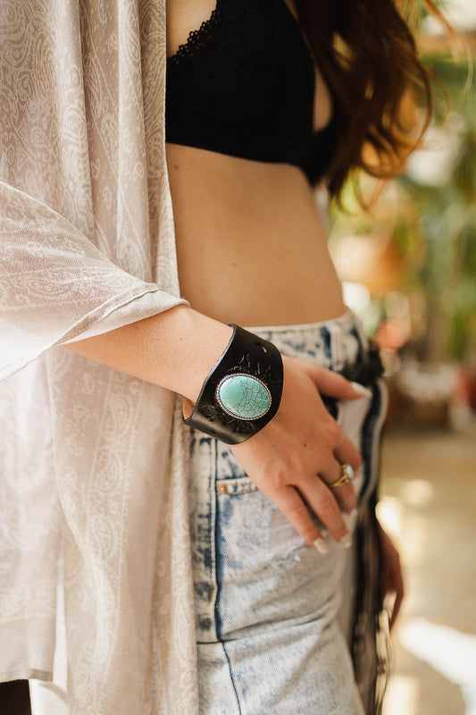 Boho Turquoise Stone Leather Cuff - NeoKira Unlimited