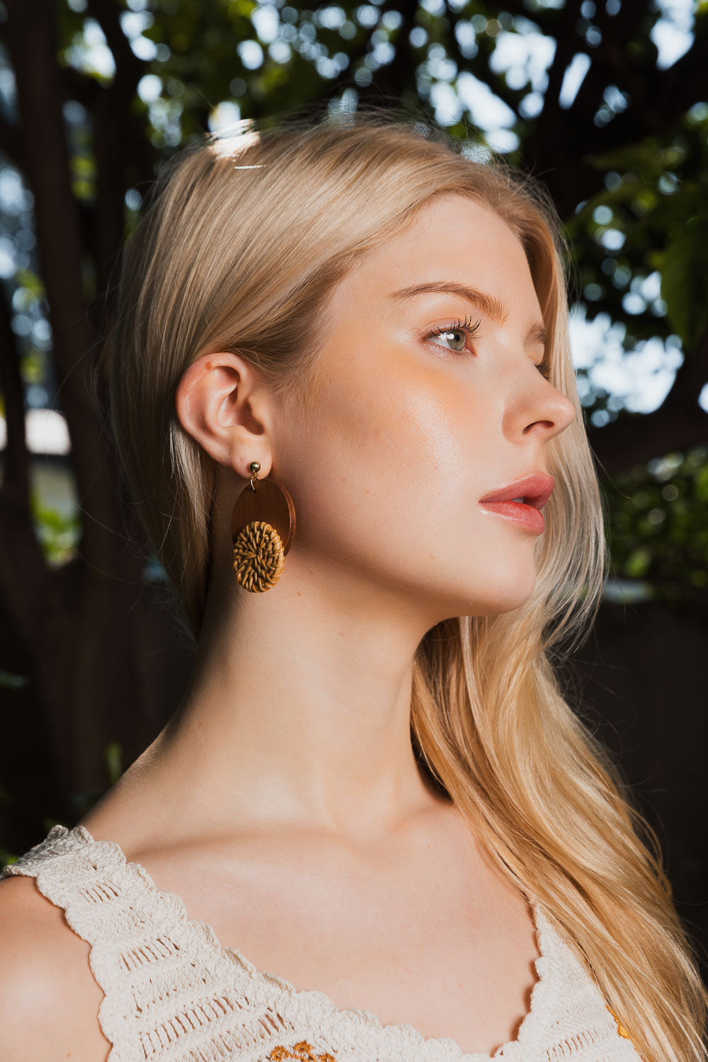 Boho Wood-Trimmed Round Straw Earrings - NeoKira Unlimited