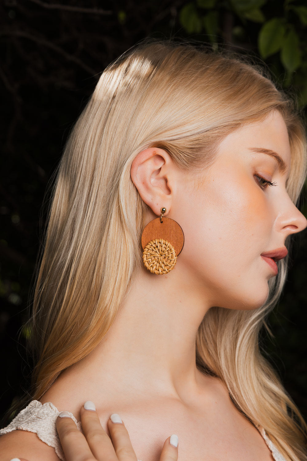 Boho Wood-Trimmed Round Straw Earrings Earrings Leto Collection   