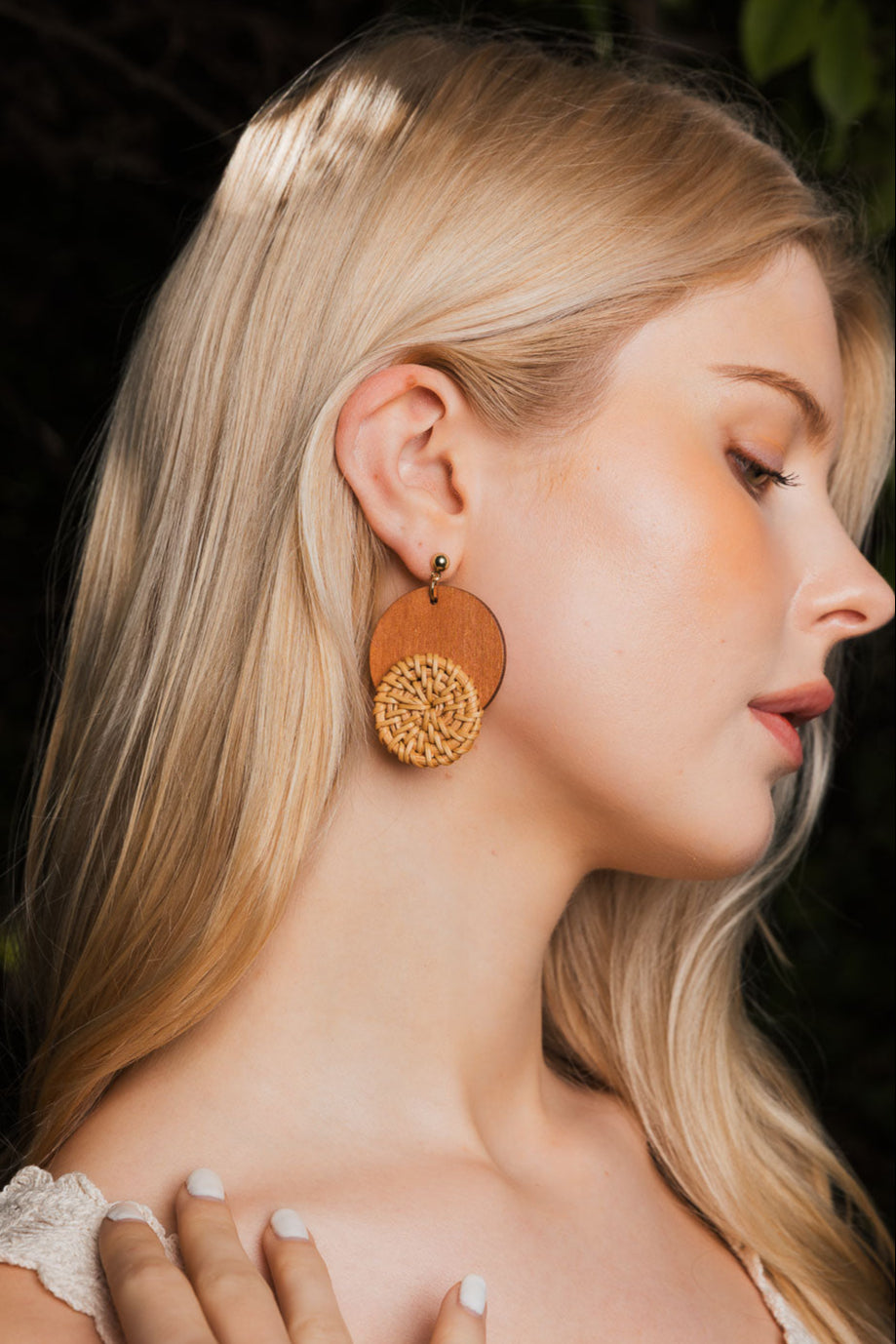 Boho Wood-Trimmed Round Straw Earrings - NeoKira Unlimited