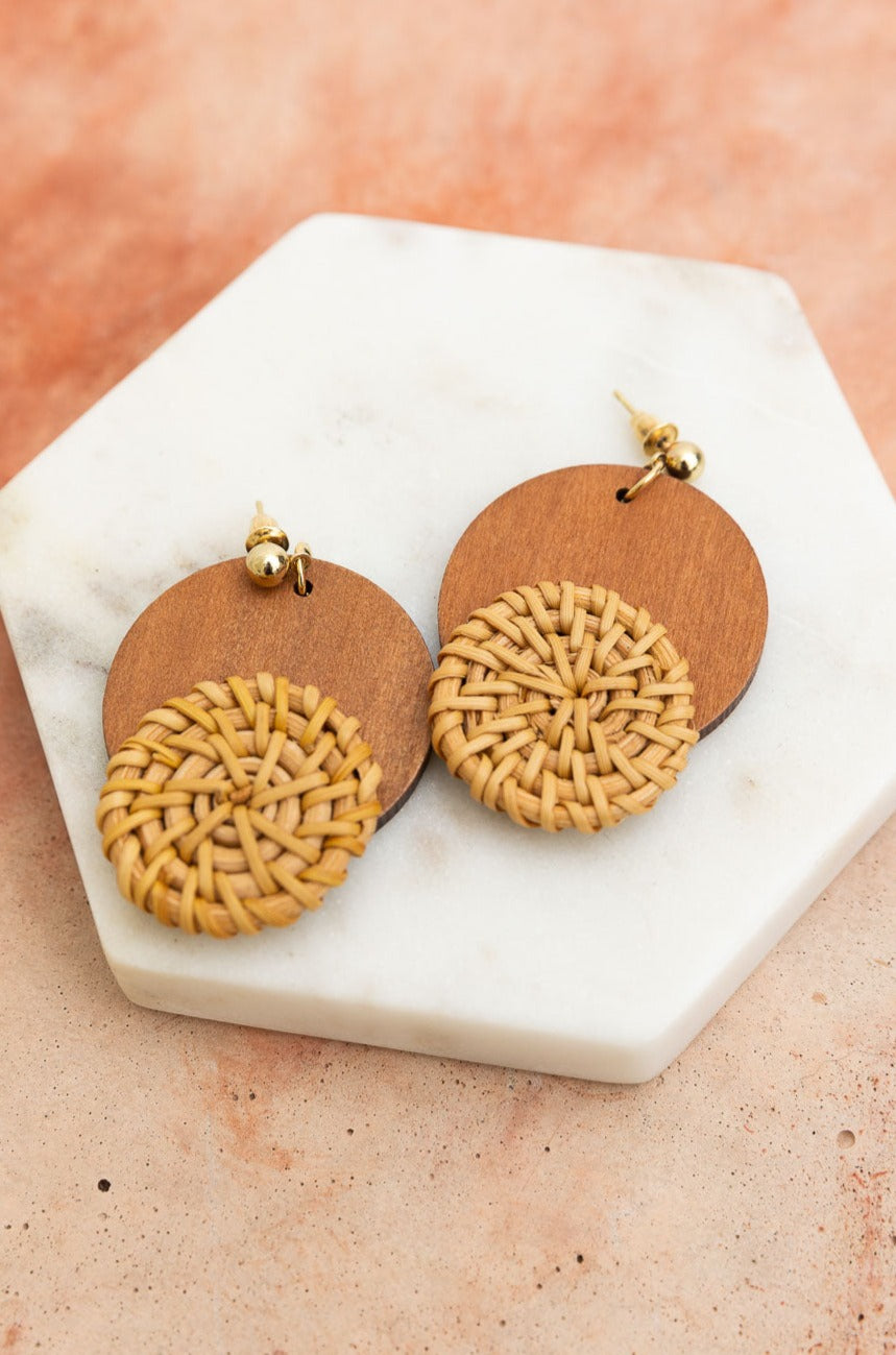 Boho Wood-Trimmed Round Straw Earrings Earrings Leto Collection   