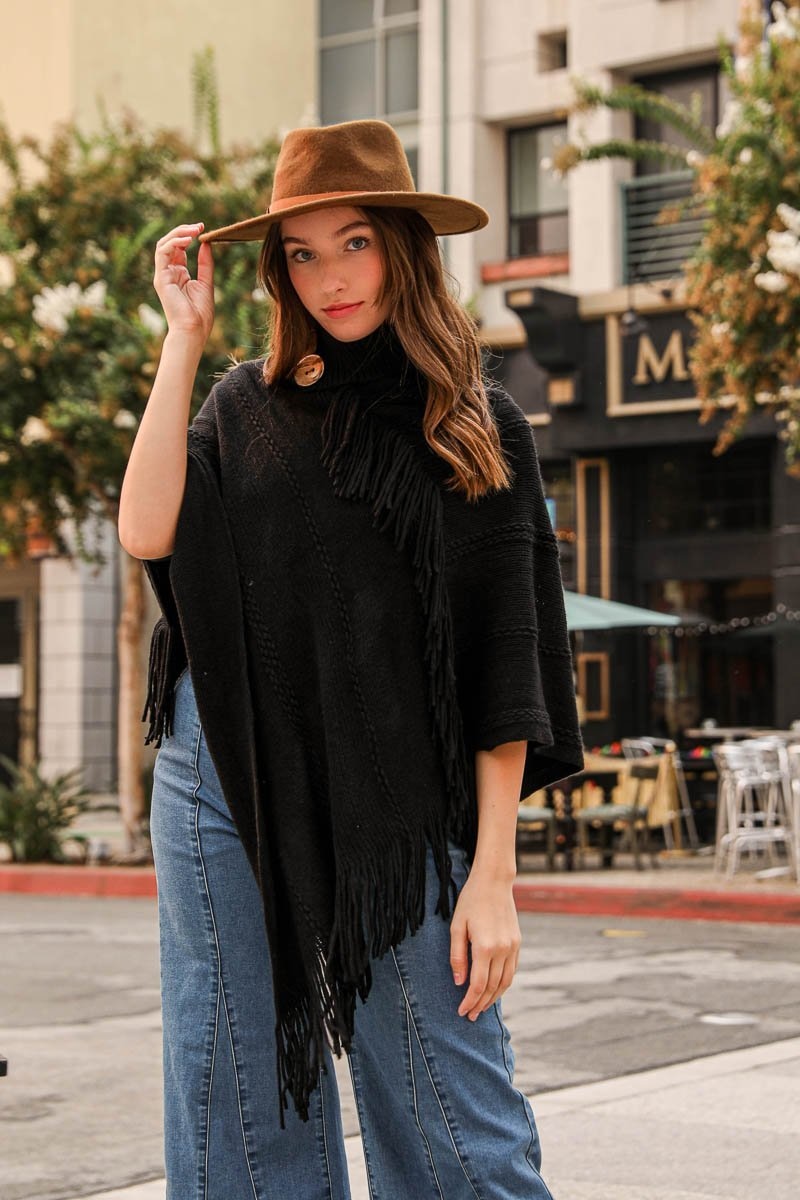 Button Neck Fringe Poncho Ponchos Leto Collection Black  