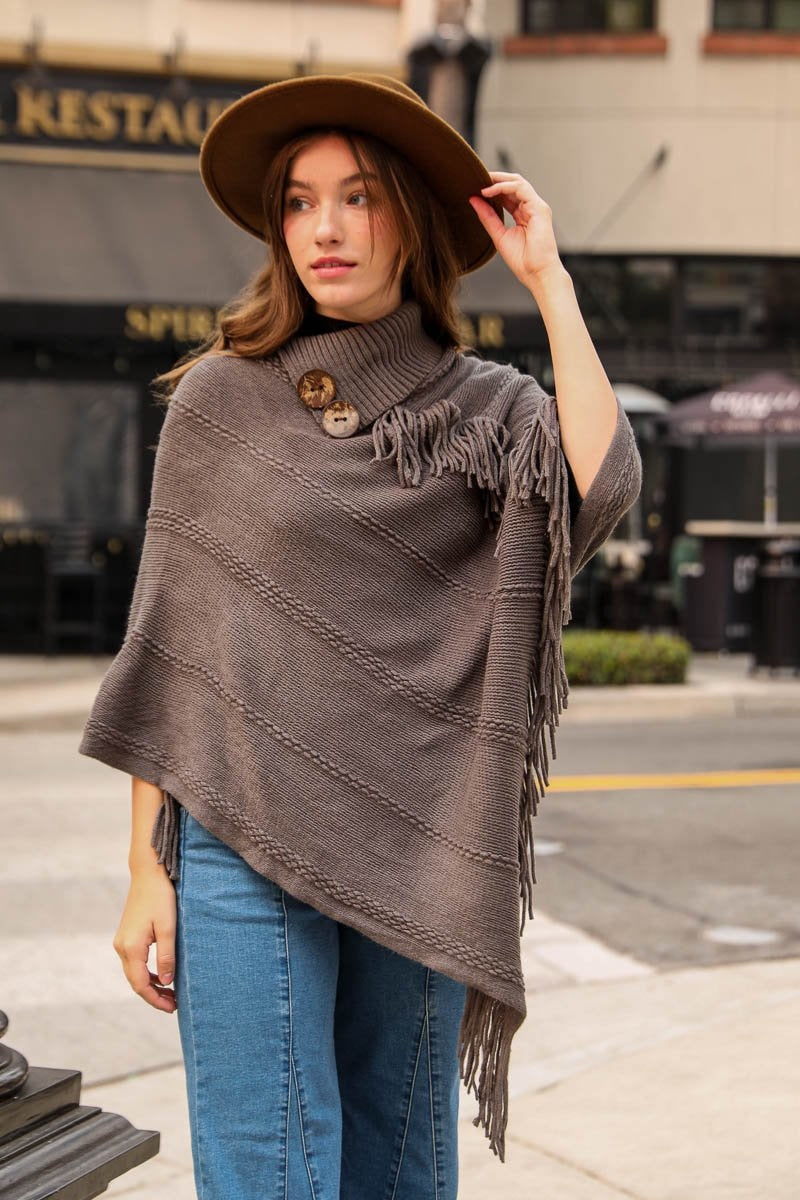 Button Neck Fringe Poncho Ponchos Leto Collection Gray  