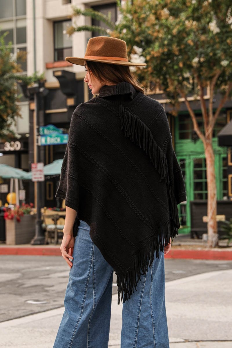 Button Neck Fringe Poncho - NeoKira Unlimited