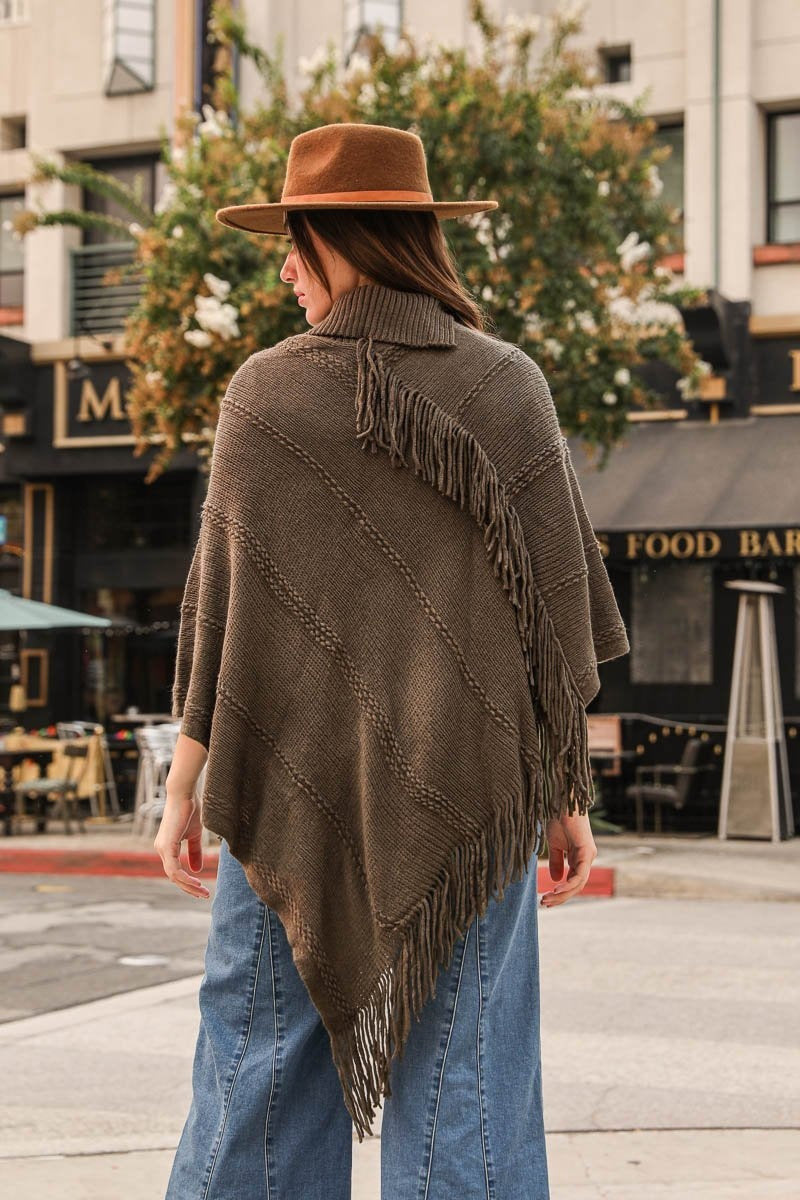 Button Neck Fringe Poncho - NeoKira Unlimited