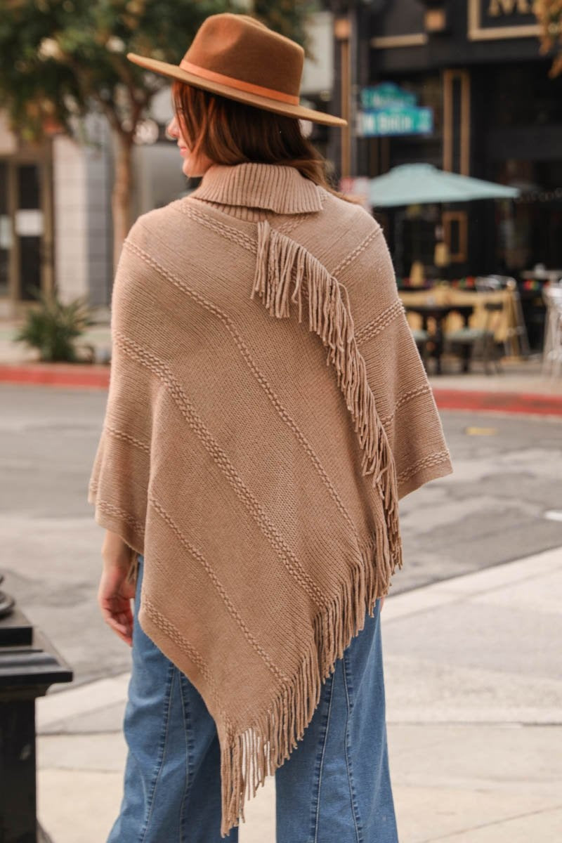 Button Neck Fringe Poncho Ponchos Leto Collection   