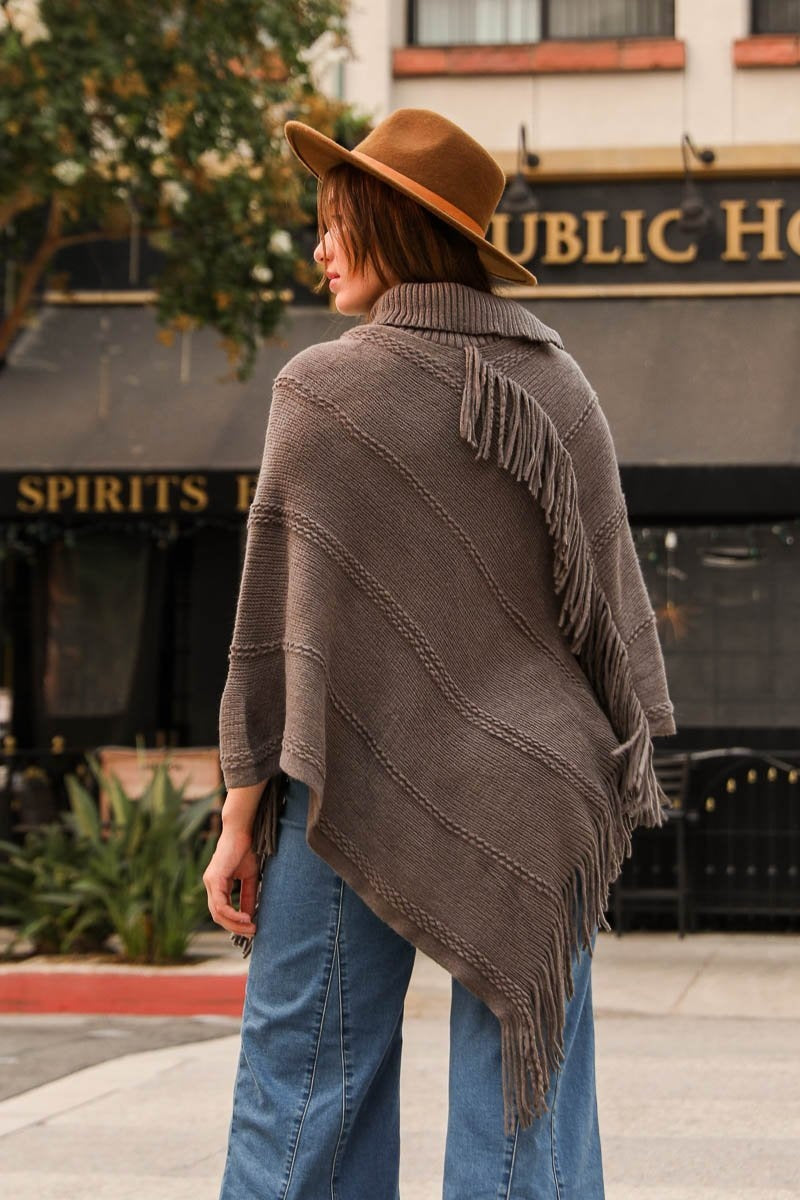 Button Neck Fringe Poncho - NeoKira Unlimited