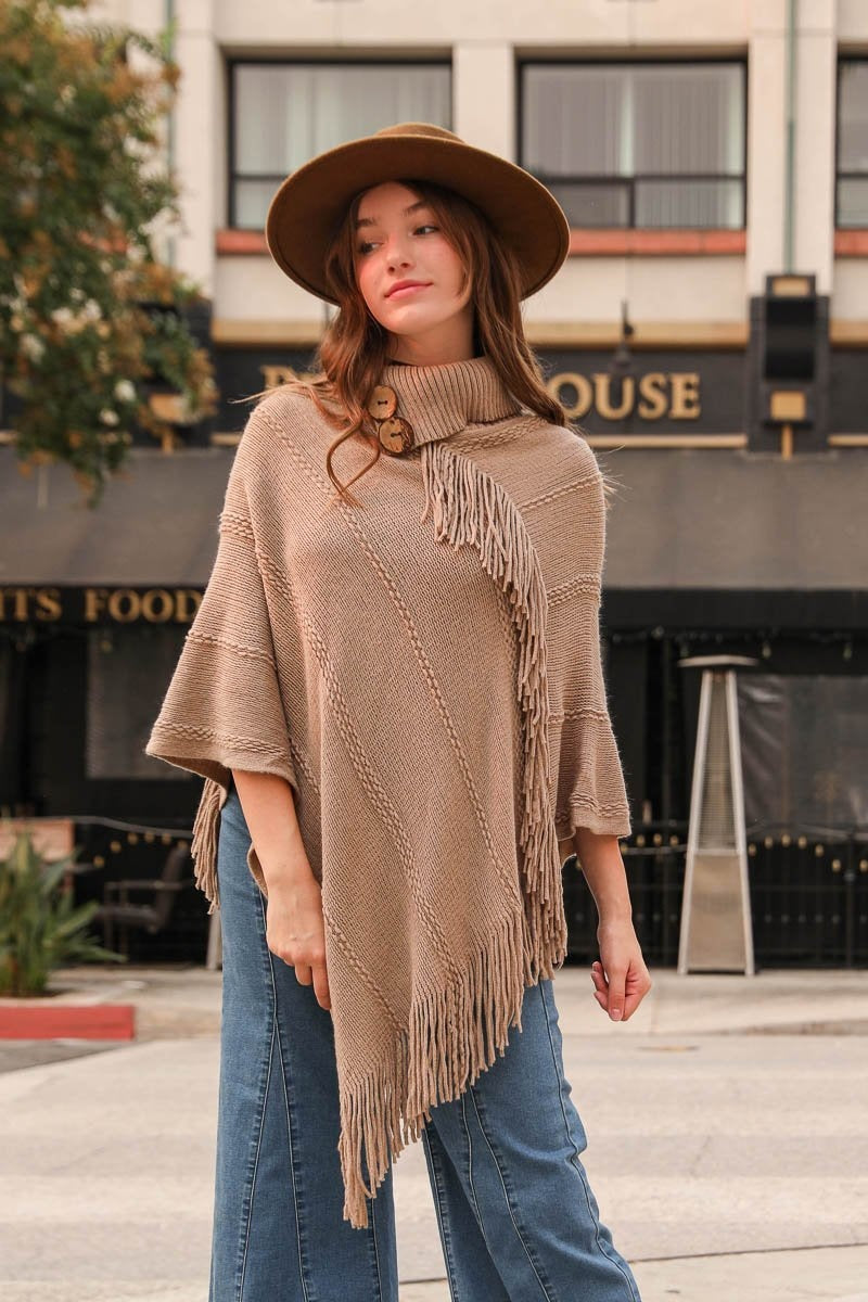 Button Neck Fringe Poncho Ponchos Leto Collection Mocha  