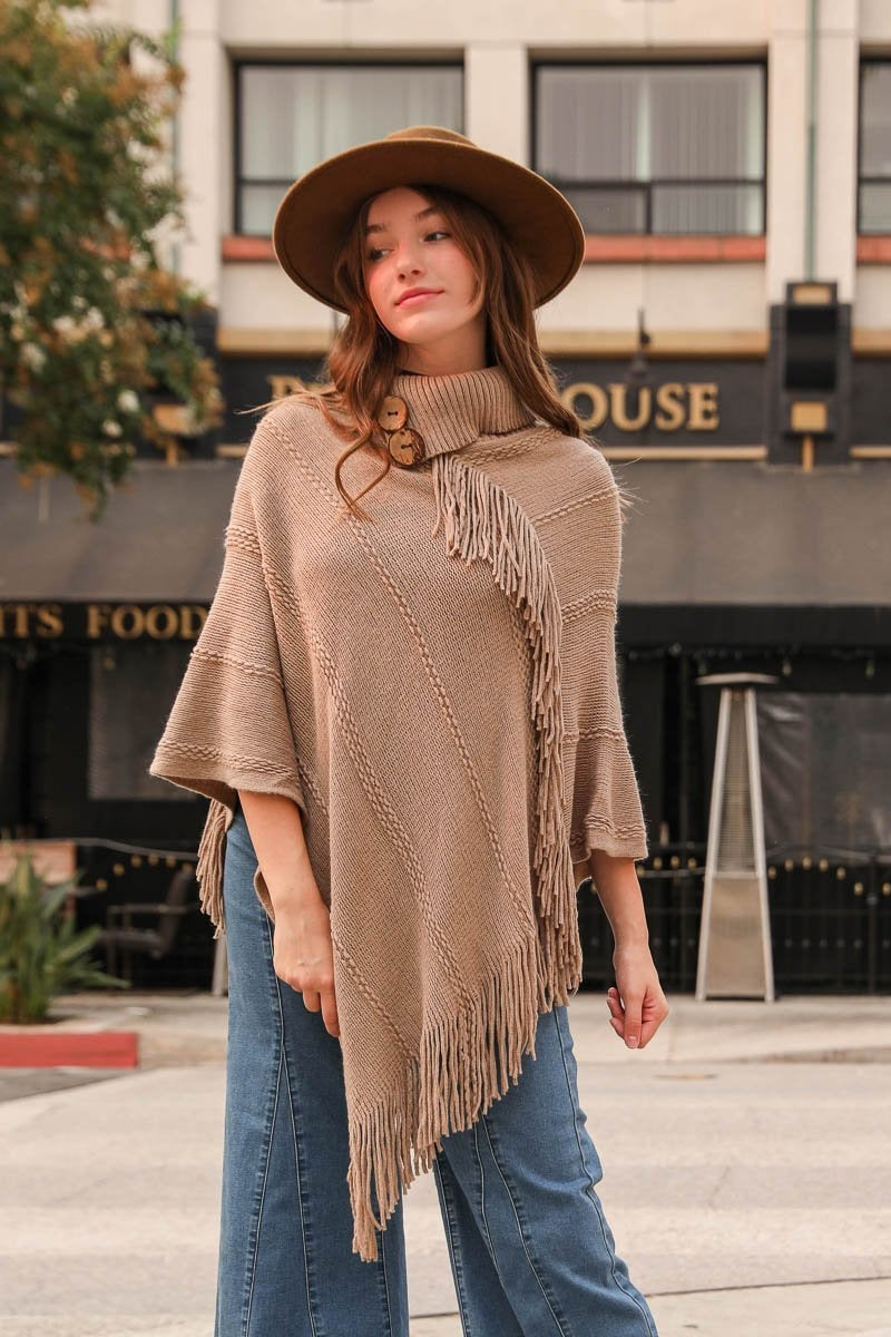 Button Neck Fringe Poncho - NeoKira Unlimited