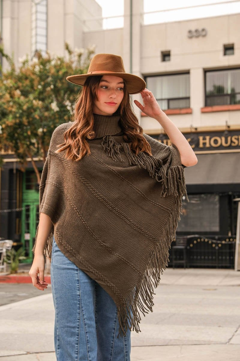 Button Neck Fringe Poncho - NeoKira Unlimited