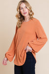 BOMBOM Long Sleeve Curved Hem Ribbed T-Shirt T-Shirt Trendsi   