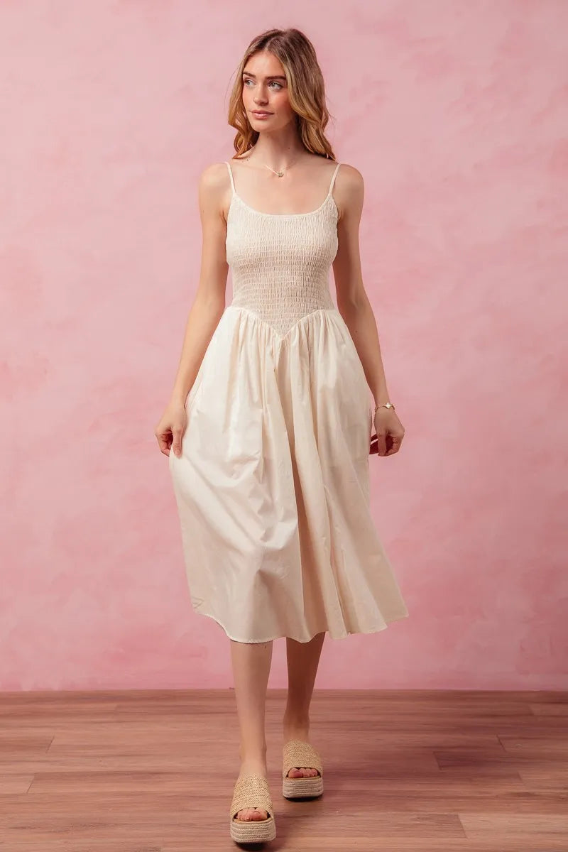 SO ME Smocked Casual Midi Dress With Slit And Spaghetti Straps - NeoKira Unlimited