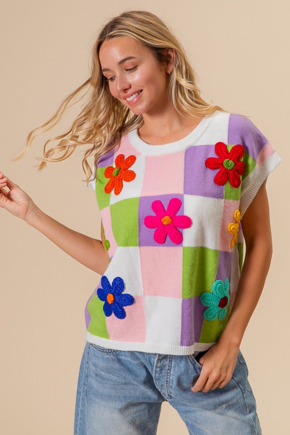 BiBi Flower Patch Checkered Sweater Vest - NeoKira Unlimited