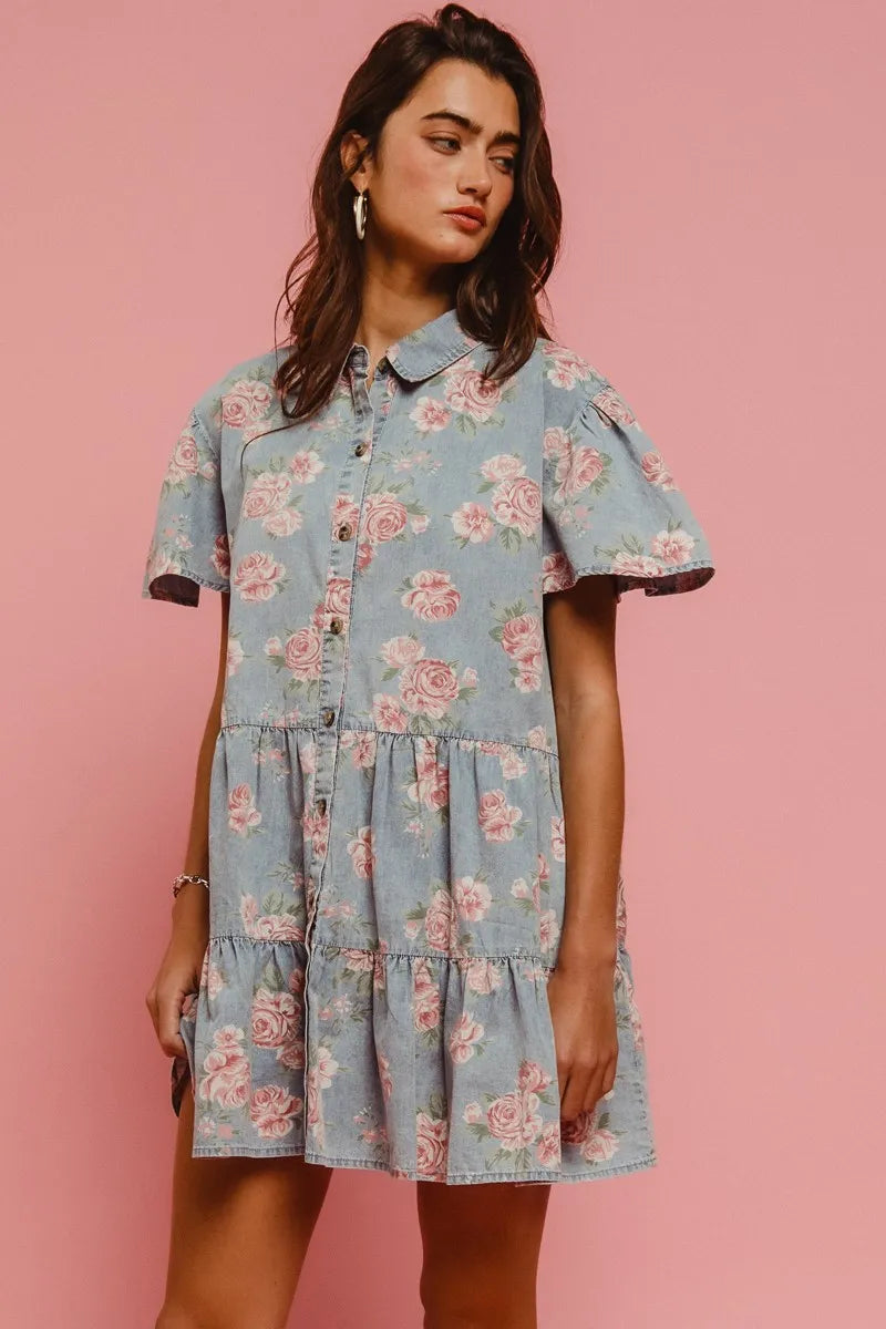 BiBi Vintage Style Blue Floral Washed Tiered Lightweight Mini Shirt Dress - NeoKira Unlimited