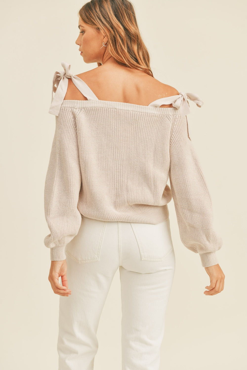 MABLE Off Shoulder Self Tie Strap Button Down Sweater - NeoKira Unlimited