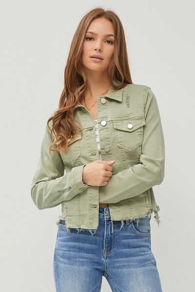 RISEN Full Size Raw Hem Button Up Cropped Denim Jacket Plus Size - NeoKira Unlimited