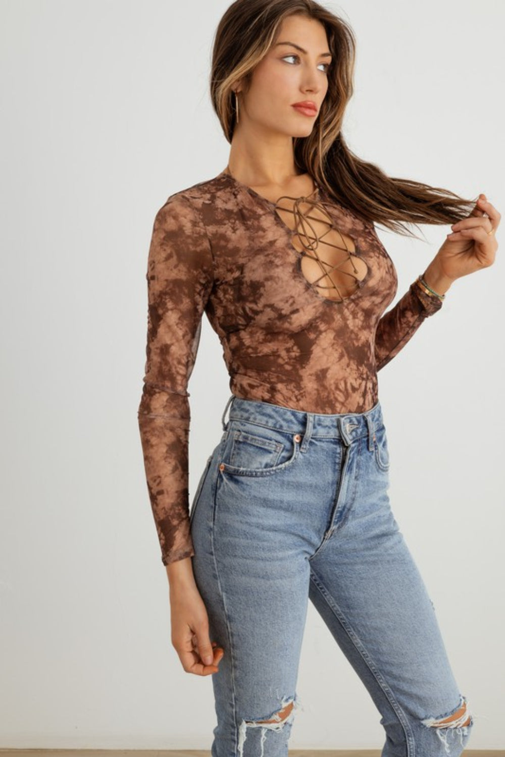 HERA COLLECTION Abstract Mesh Lace-Up Long Sleeve Bodysuit Bodysuit Trendsi   