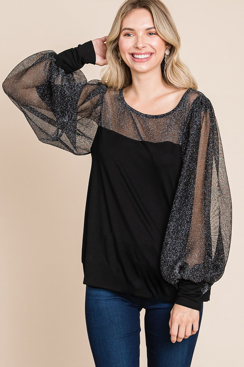Super Lady Full Size Metallic Mesh Lantern Sleeve Blouse - NeoKira Unlimited