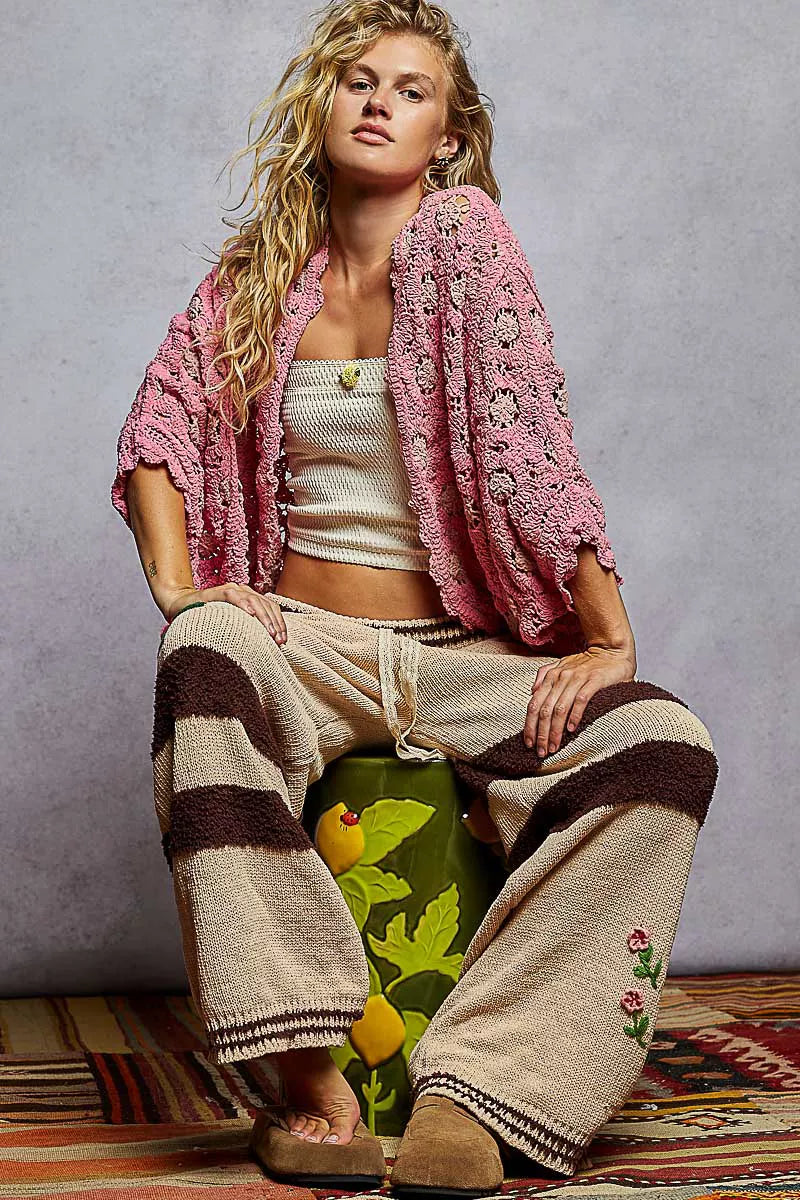 POL Boho Chic Openwork V-Neck Chenille Cardigan with Contrast Floral - NeoKira Unlimited