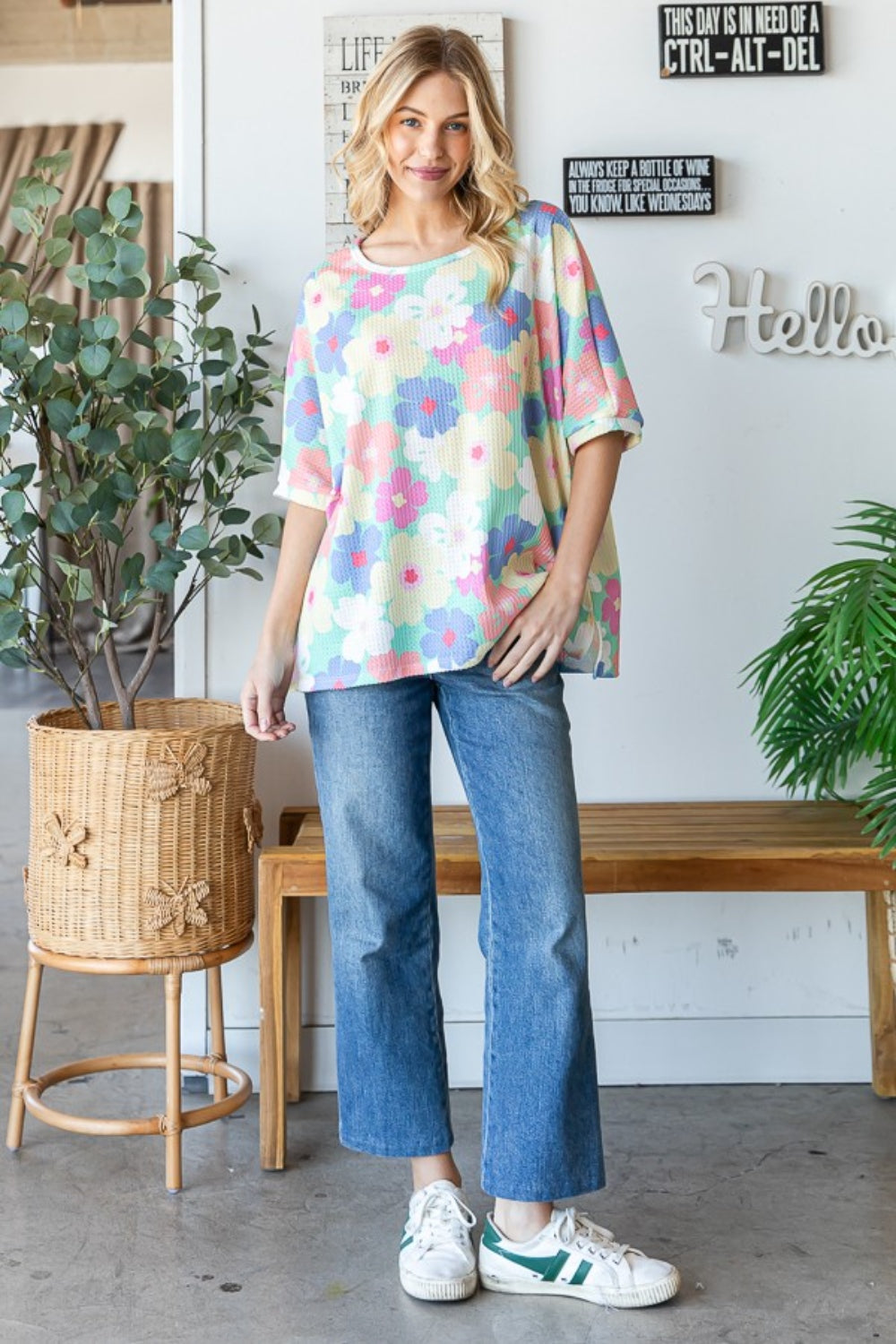 HOPELY Floral Waffle Oversized T-Shirt T-Shirt Trendsi   