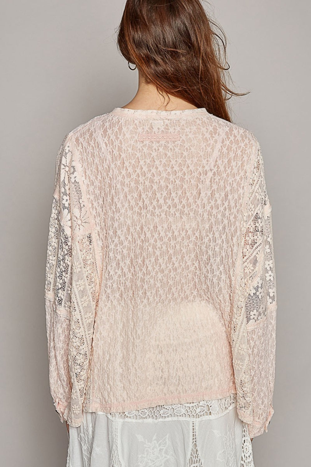 POL Round Neck Long Sleeve Raw Edge Lace Top Top Trendsi   