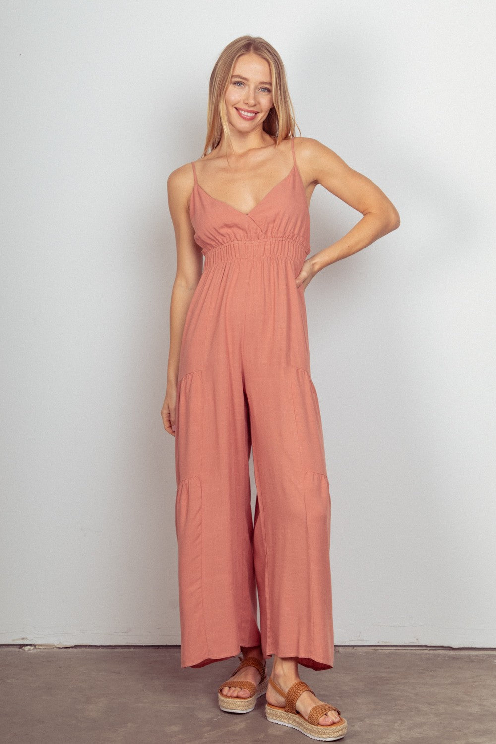 VERY J Sleeveless Ruched Wide Leg Jumpsuit Jumpsuits Trendsi Blush S 