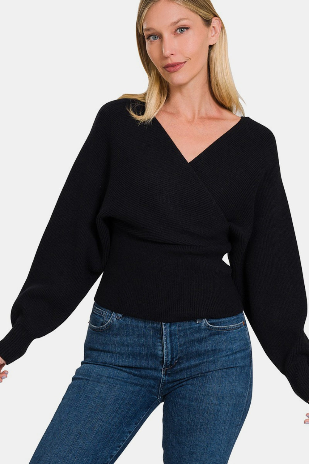 Zenana Cross Wrap Rib Long Sleeve Sweater Sweater Trendsi   