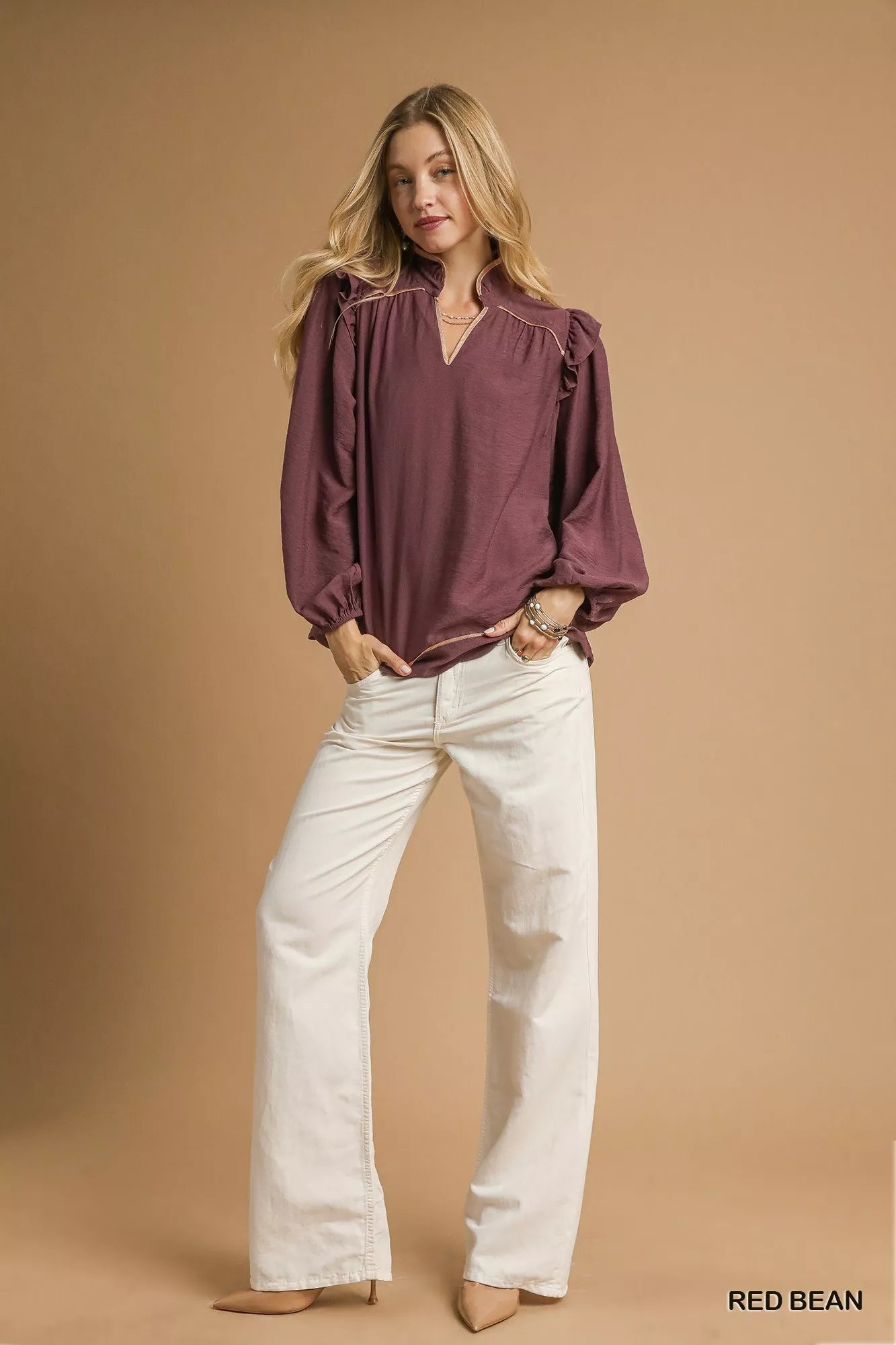 Umgee Ruffle Shoulder Long Sleeve Blouse - NeoKira Unlimited