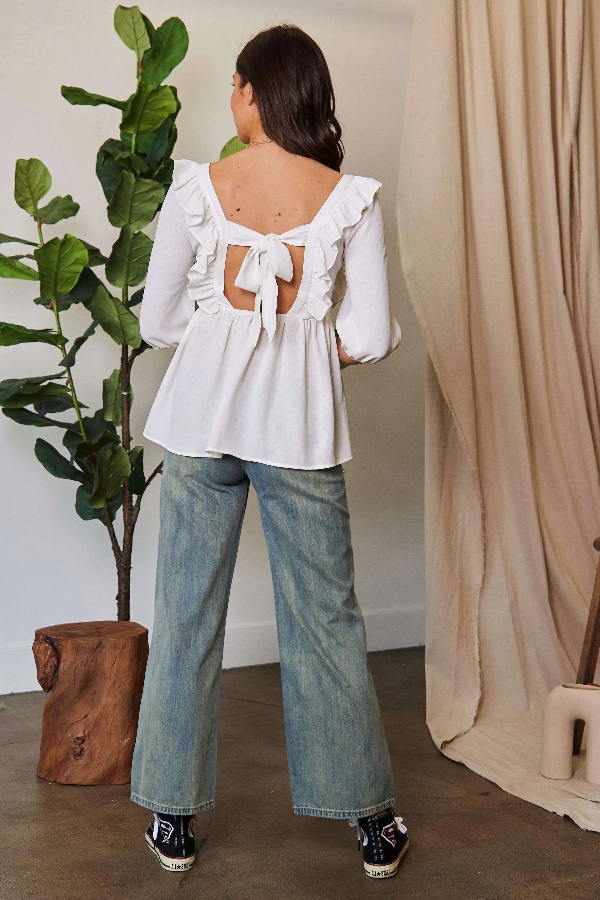 Davi & Dani Texture Tie Back Floral Embroidery Frill Romantic Blouse - NeoKira Unlimited