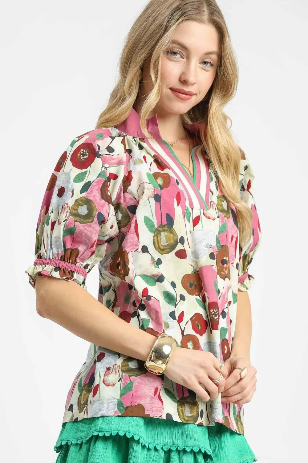 Umgee Floral Print Puff Sleeve Oversized Blouse - NeoKira Unlimited
