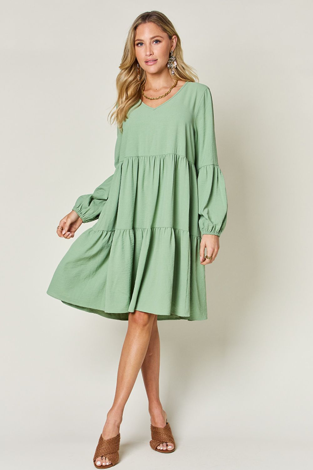 Double Take Full Size V-Neck Balloon Sleeve Tiered Dress Mini Dress Trendsi   