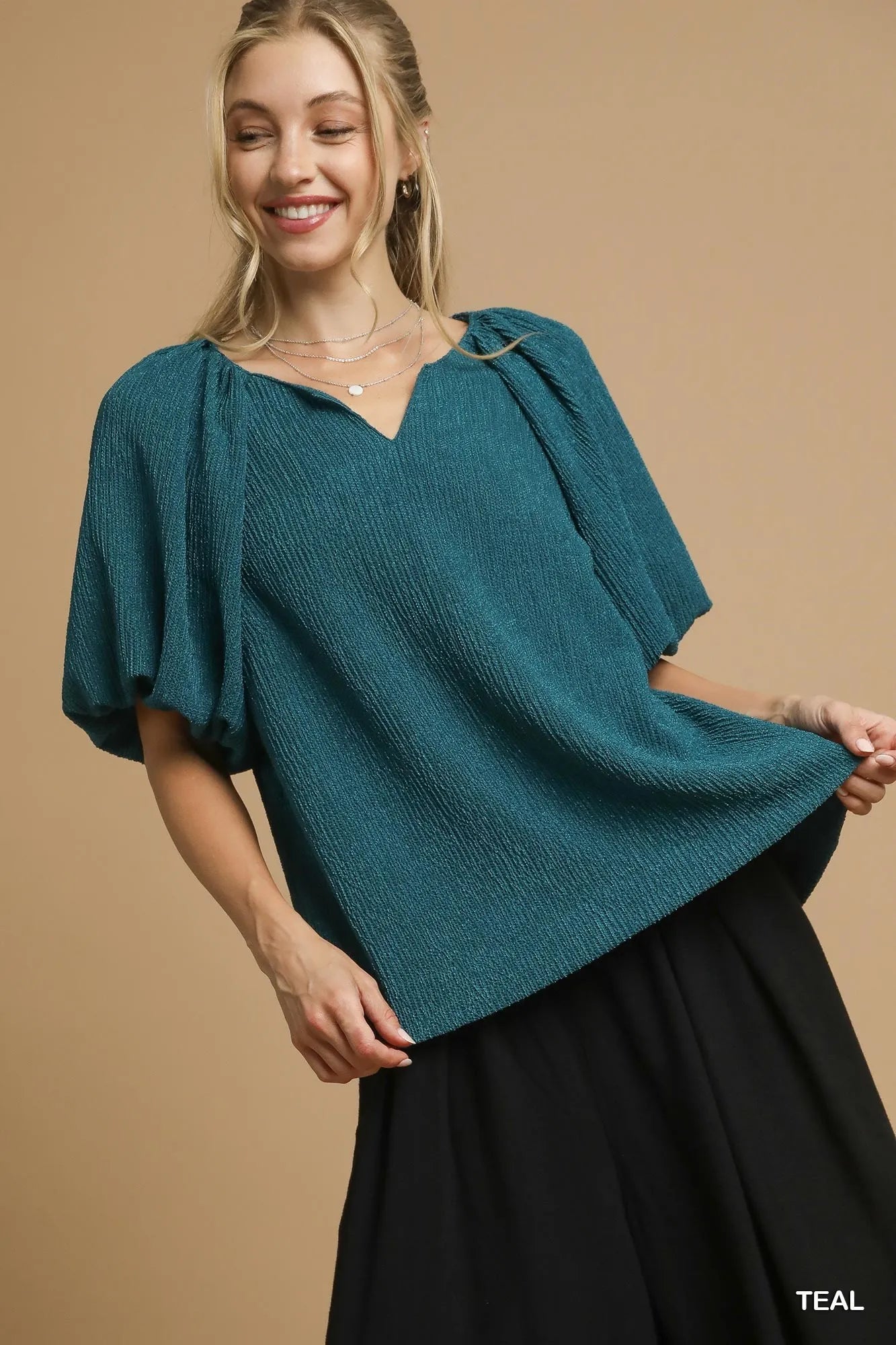Umgee Textured Notch Neck Top – Relaxed Chic Style - NeoKira Unlimited