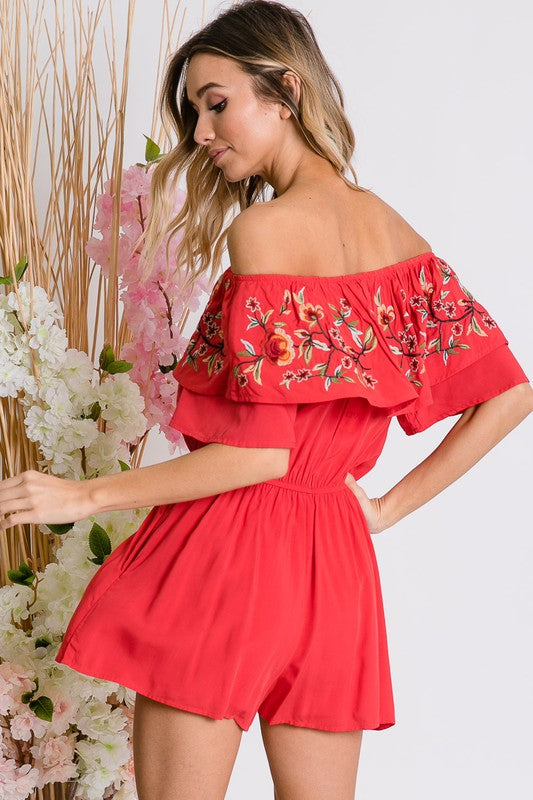 Floral Embroidered Off Shoulder Romper  Davi & Dani   