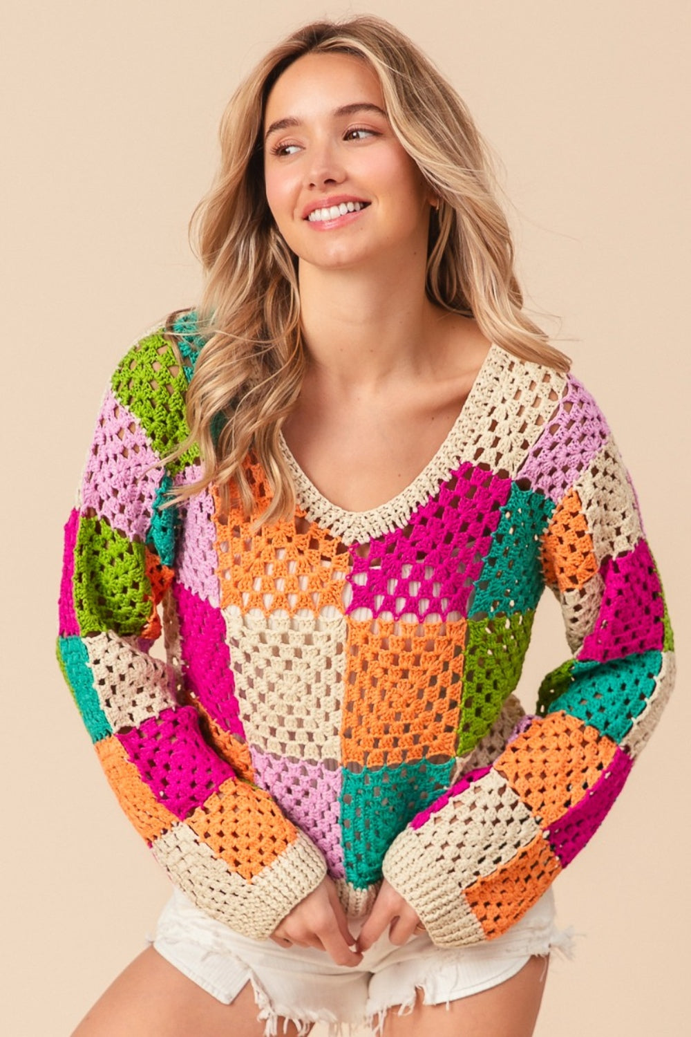 BiBi Multi Color Checkered Long Sleeve Knit Top Top Trendsi   