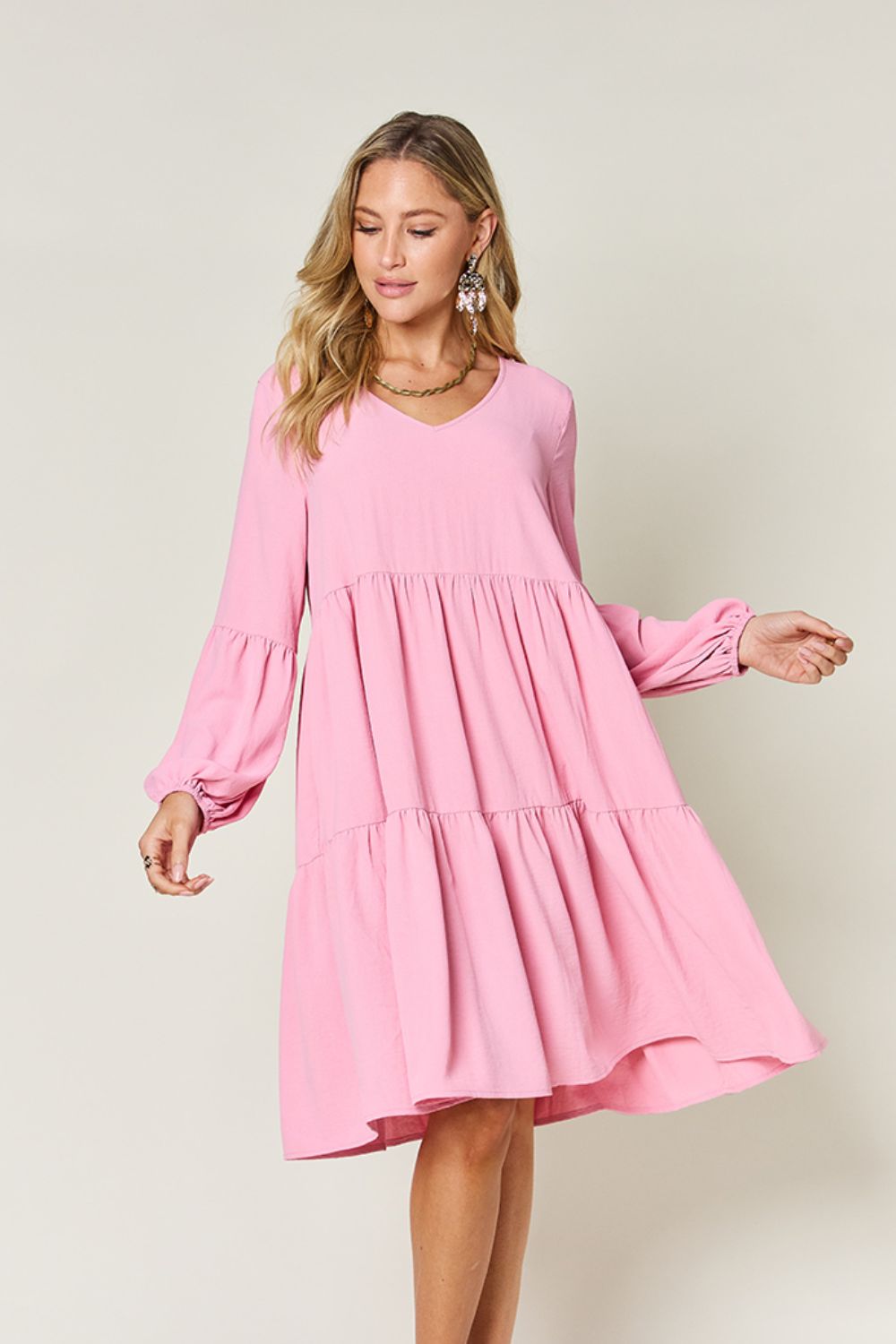 Double Take Full Size V-Neck Balloon Sleeve Tiered Dress - NeoKira Unlimited