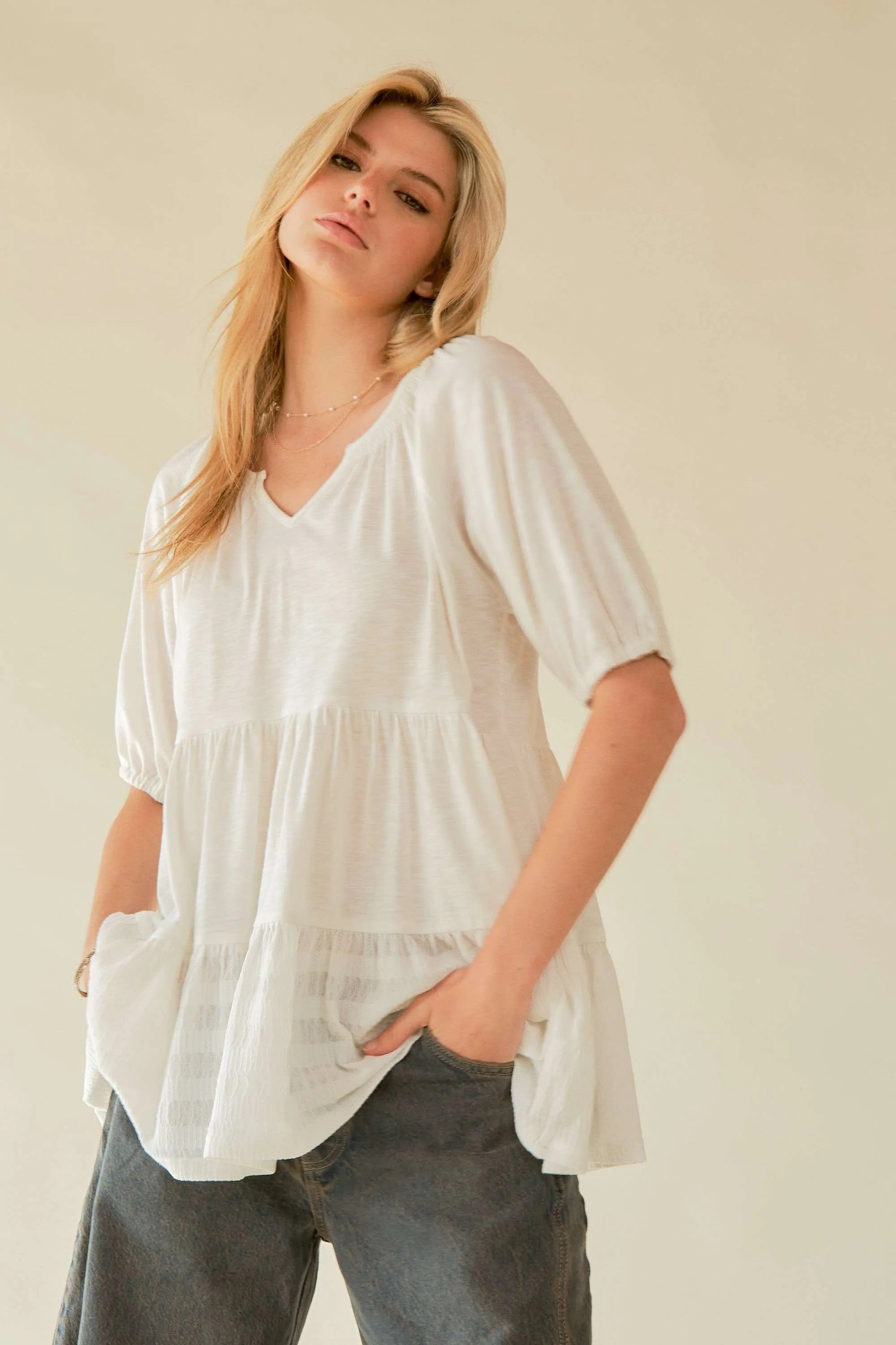 Davi & Dani Ruffled Flared Short Sleeve V Neck Blouse - NeoKira Unlimited