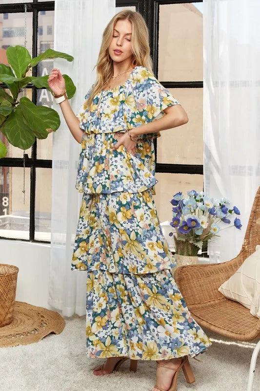 ADORA Layered Floral Off-Shoulder Short Sleeve Maxi Dress - NeoKira Unlimited