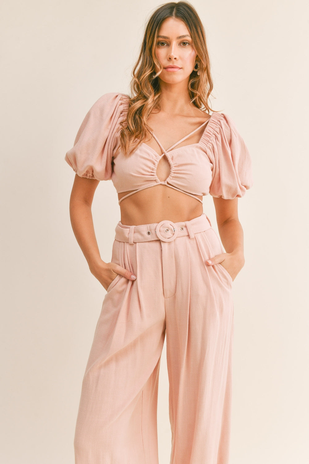 MABLE Cut Out Drawstring Crop Top and Belted Pants Set Pants Set Trendsi   