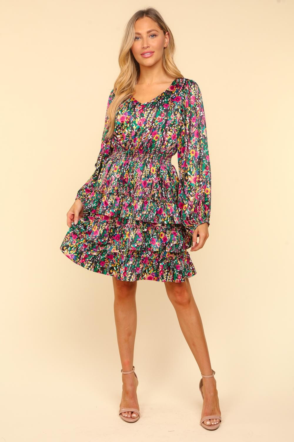Haptics V-Neck Satin Floral Layered Dress - NeoKira Unlimited