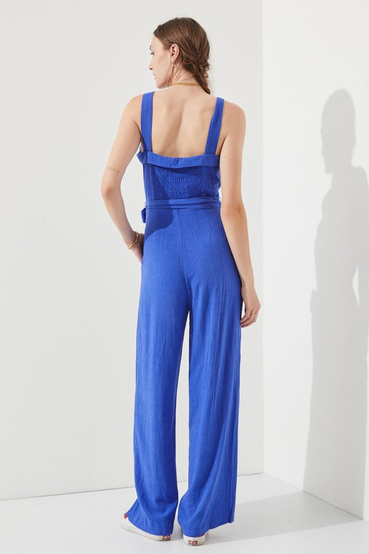 Jade By Jane Boho Luxe Square Neck Belted Jumpsuit | Linen Blend - NeoKira Unlimited