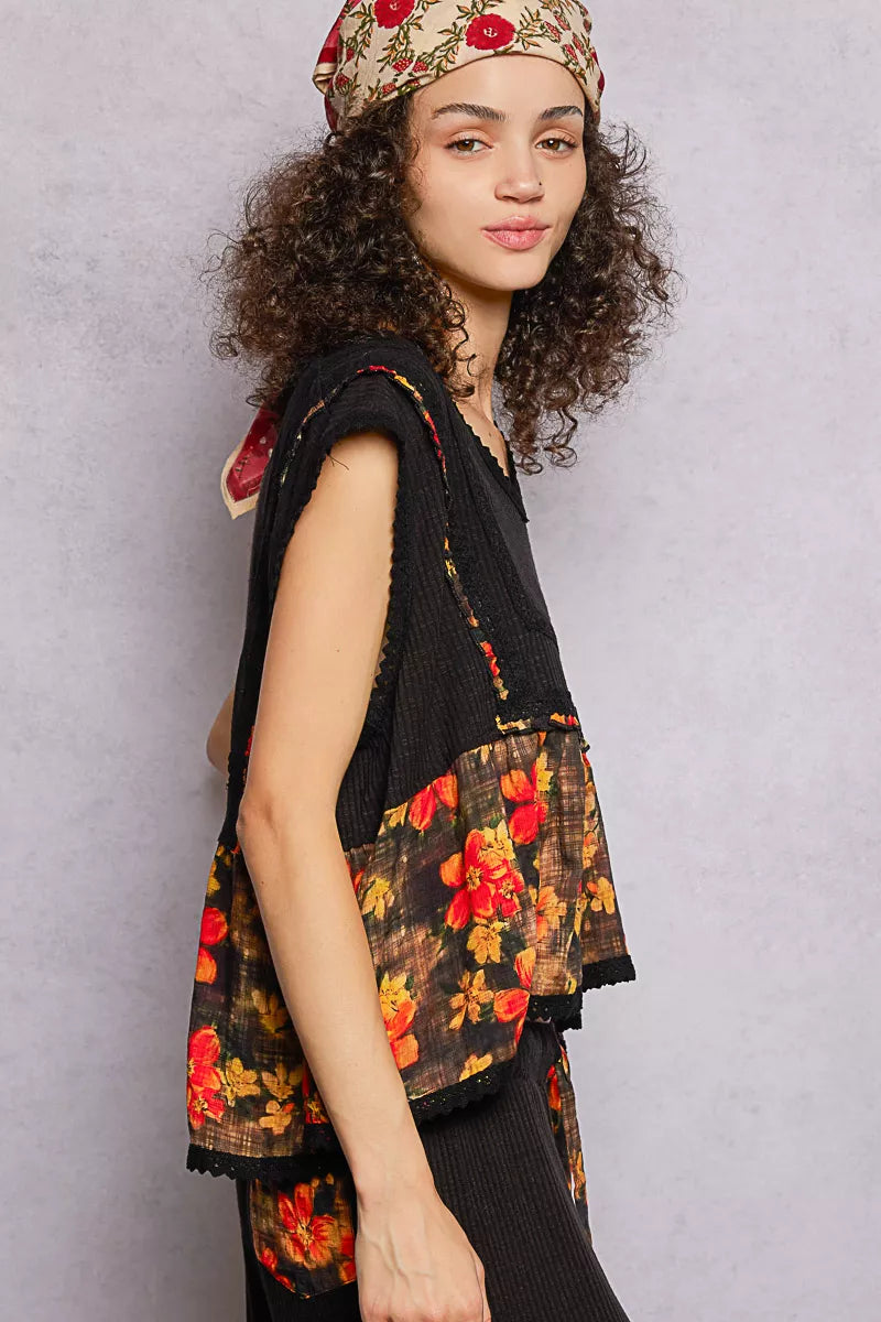 POL Lace Detail Floral Cropped Ruffled Top Boho Chic - NeoKira Unlimited